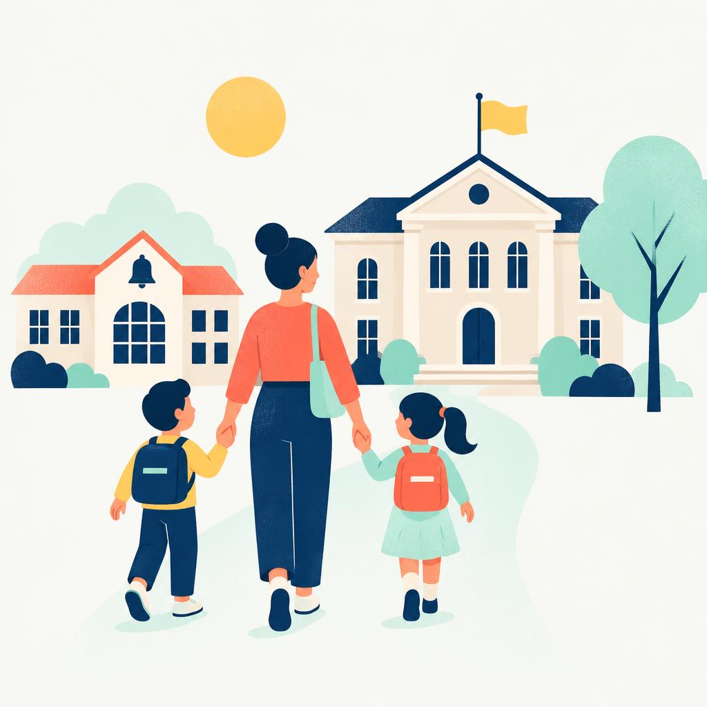 Une mère et ses deux enfants marchent vers l'école et la mairie de leur commune